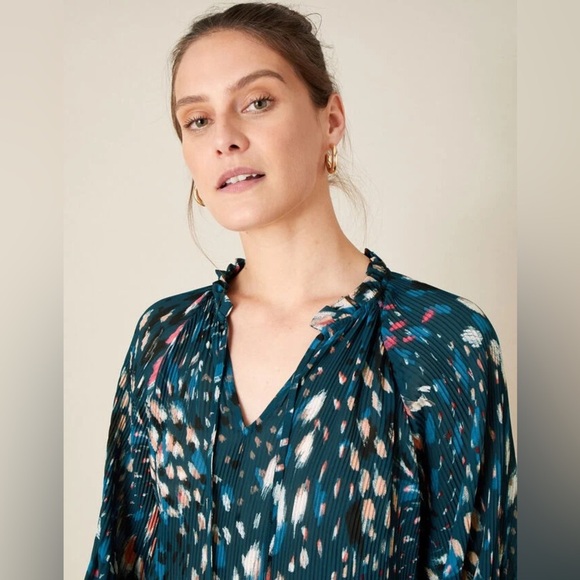 Monsoon London Animal Print Pleated Long Sleeve in Teal - Size L - Picture 3 of 4
